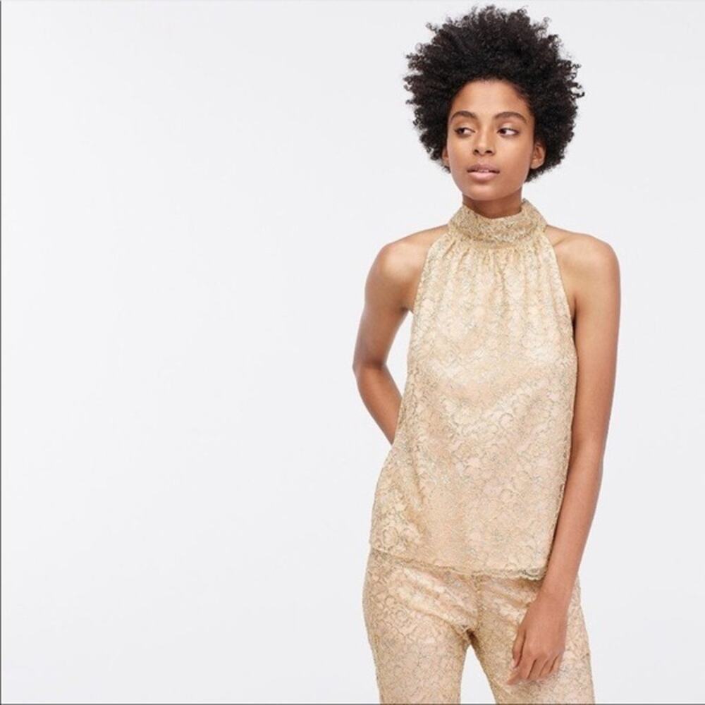 NWT J. Crew Sleeveless Metallic Speckled Lace Halter Neck Blouse L Nude Silver